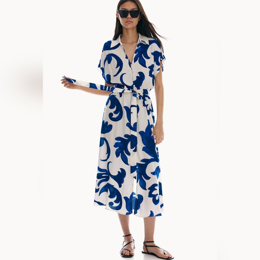 H&M Bold Blue White Tie-belt Midi Tropical Coastal Floral Print Shirt Dress XXL
